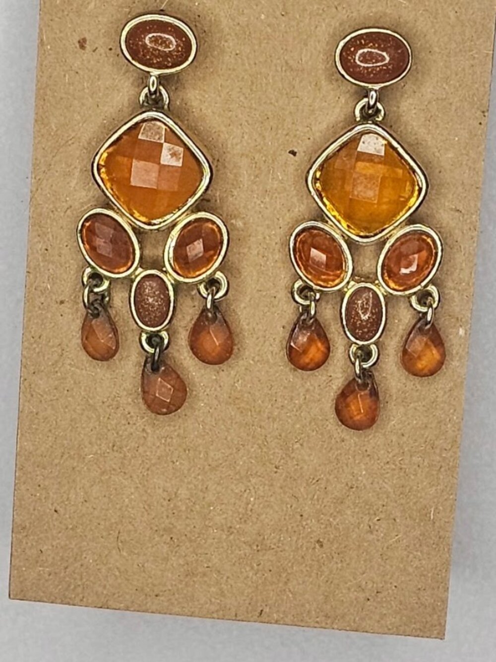 Vintage Boho Amber & Goldstone Chandelier Dangle Earrings